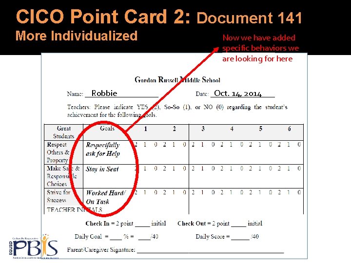CICO Point Card 2: Document 141 More Individualized Robbie Now we have added specific