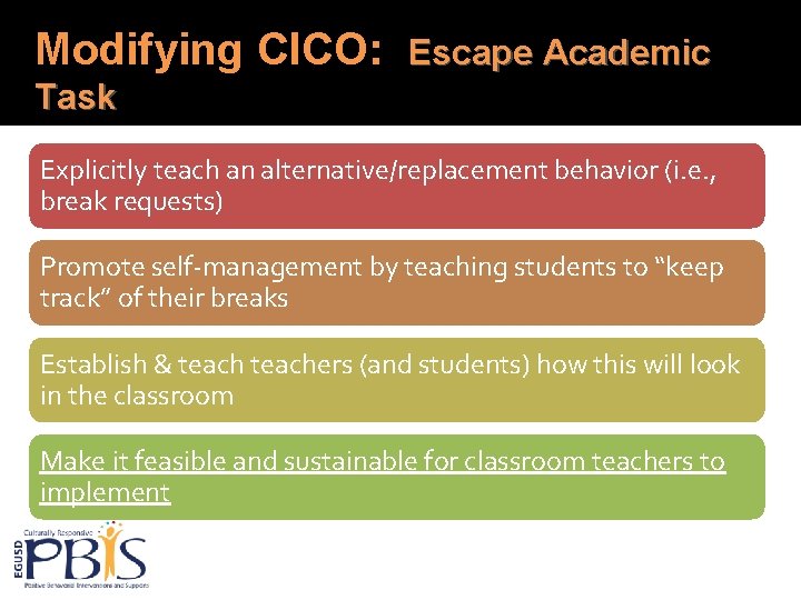 Modifying CICO: Escape Academic Task Explicitly teach an alternative/replacement behavior (i. e. , break