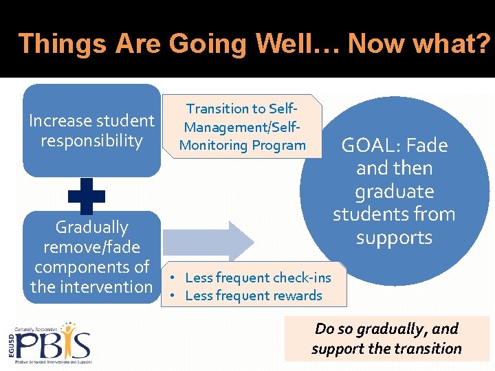Things Are Going Well… Now what? Increase student responsibility Transition to Self. Management/Self. Monitoring