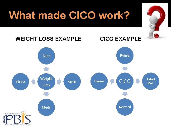 What made CICO work? WEIGHT LOSS EXAMPLE CICO EXAMPLE Points Diet Stress Weight Loss