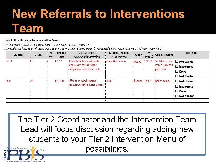 New Referrals to Interventions Team The Tier 2 Coordinator and the Intervention Team Lead
