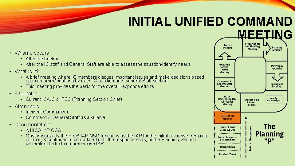 INITIAL UNIFIED COMMAND MEETING • When it occurs: • After the briefing • After