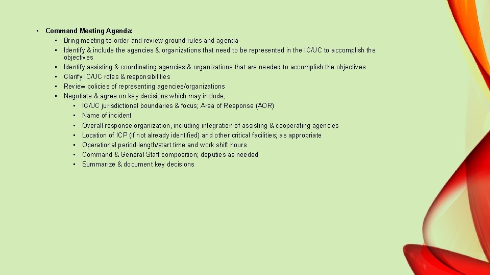  • Command Meeting Agenda: • Bring meeting to order and review ground rules