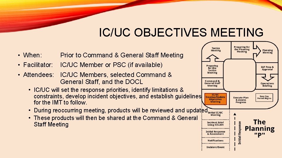 IC/UC OBJECTIVES MEETING • When: Prior to Command & General Staff Meeting • Facilitator: