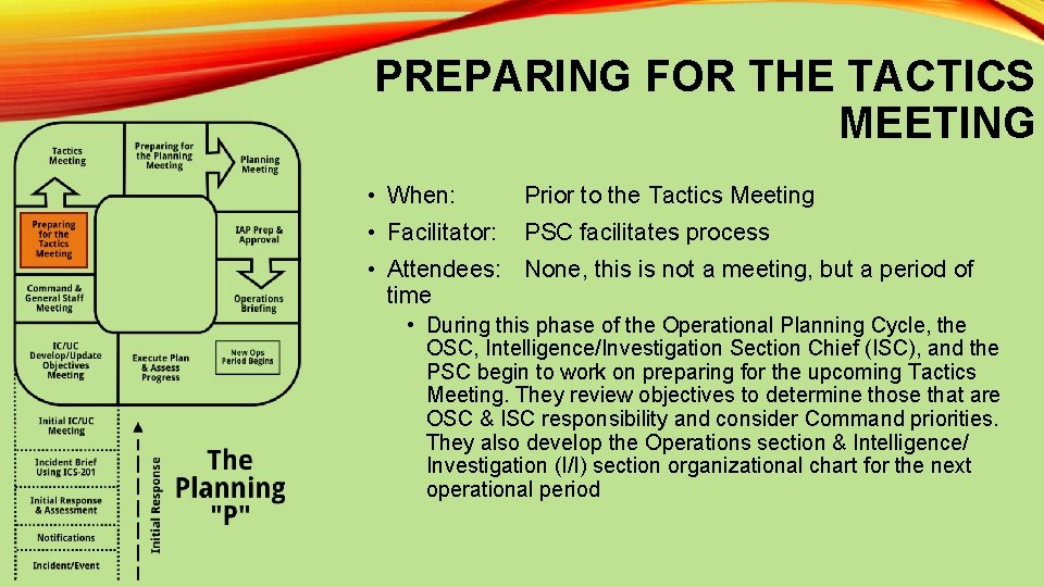 PREPARING FOR THE TACTICS MEETING • When: Prior to the Tactics Meeting • Facilitator:
