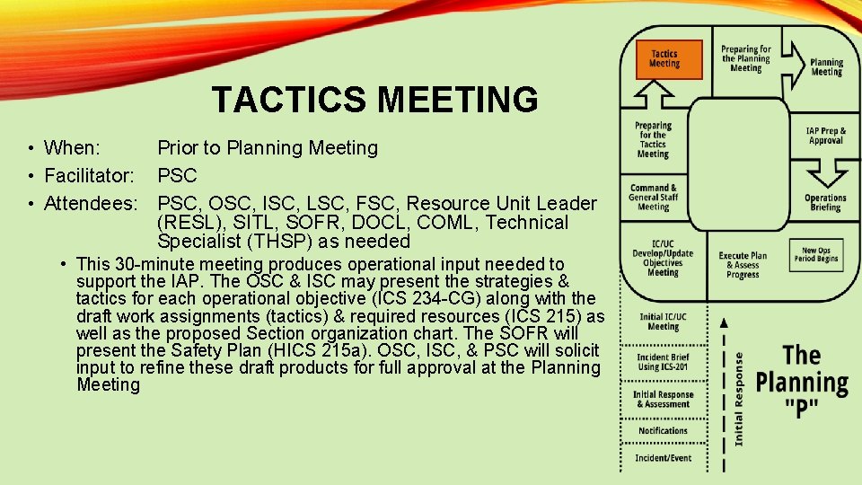 TACTICS MEETING • When: Prior to Planning Meeting • Facilitator: PSC • Attendees: PSC,