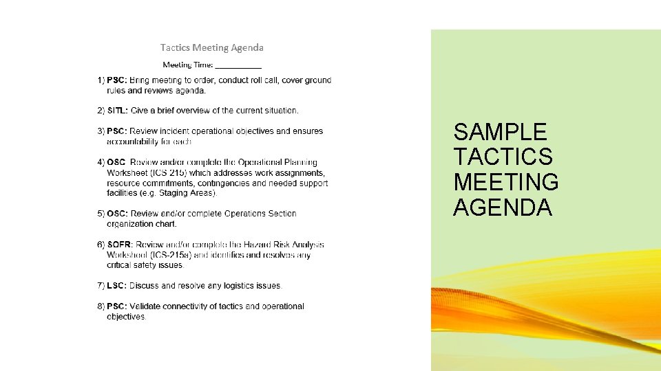 SAMPLE TACTICS MEETING AGENDA 