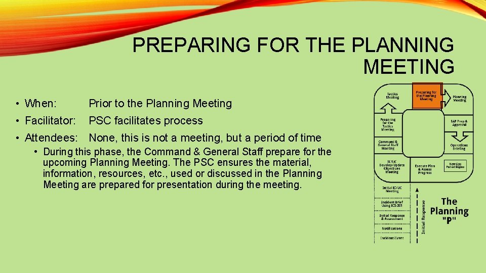 PREPARING FOR THE PLANNING MEETING • When: Prior to the Planning Meeting • Facilitator: