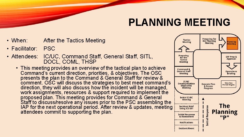 PLANNING MEETING • When: After the Tactics Meeting • Facilitator: PSC • Attendees: IC/UC,