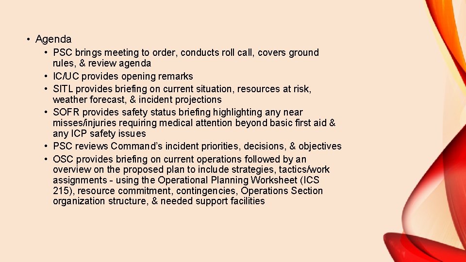  • Agenda • PSC brings meeting to order, conducts roll call, covers ground