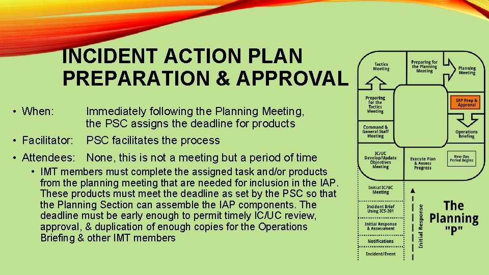 INCIDENT ACTION PLAN PREPARATION & APPROVAL • When: Immediately following the Planning Meeting, the