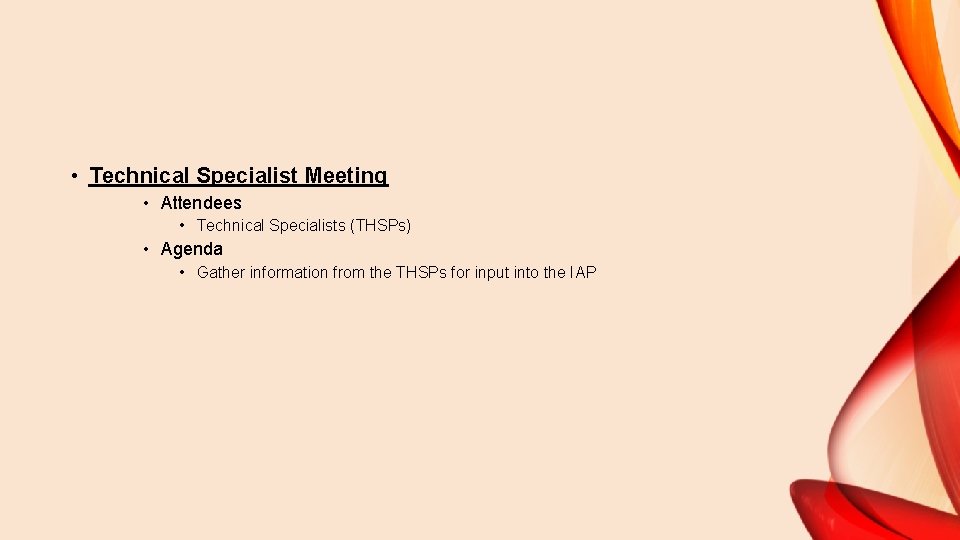  • Technical Specialist Meeting • Attendees • Technical Specialists (THSPs) • Agenda •