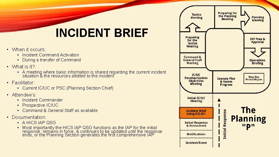 INCIDENT BRIEF • When it occurs: • Incident Command Activation • During a transfer