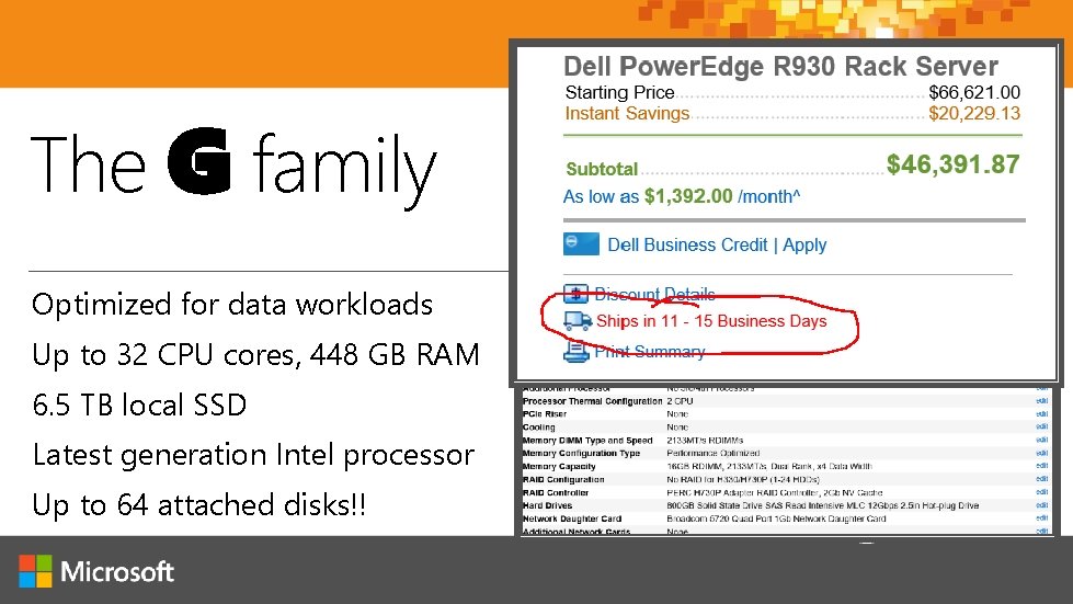 The G family Optimized for data workloads Up to 32 CPU cores, 448 GB The G family Optimized for data workloads Up to 32 CPU cores, 448 GB