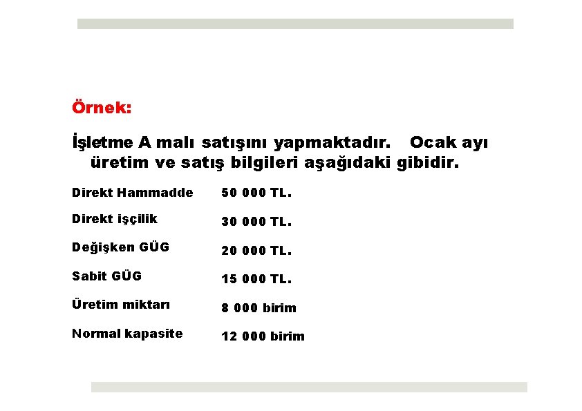 Örnek: İşletme A malı satışını yapmaktadır. Ocak ayı üretim ve satış bilgileri aşağıdaki gibidir.