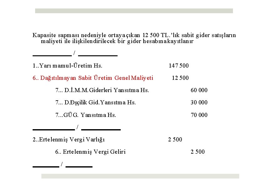 Kapasite sapması nedeniyle ortaya çıkan 12 500 TL. ’lık sabit gider satışların maliyeti ile