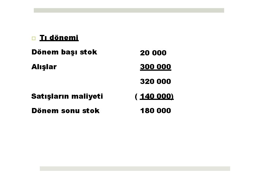 □ Tı dönemi Dönem başı stok 20 000 Alışlar 300 000 320 000 Satışların