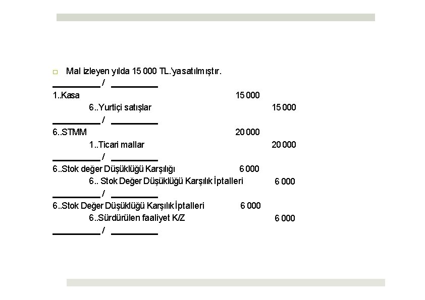 □ Mal izleyen yılda 15 000 TL. ’ya satılmıştır. / 1. . Kasa 15