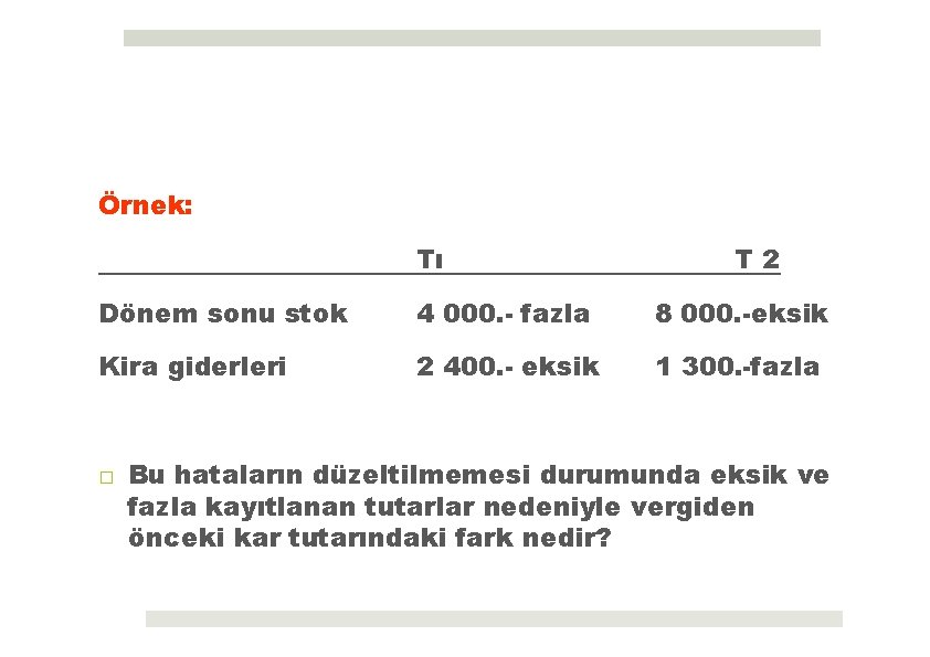 Örnek: Tı T 2 Dönem sonu stok 4 000. - fazla 8 000. -eksik