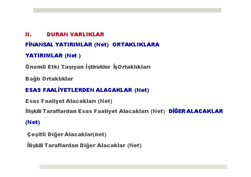 II. DURAN VARLIKLAR FİNANSAL YATIRIMLAR (Net) ORTAKLIKLARA YATIRIMLAR (Net ) Önemli Etki Taşıyan İştirakler