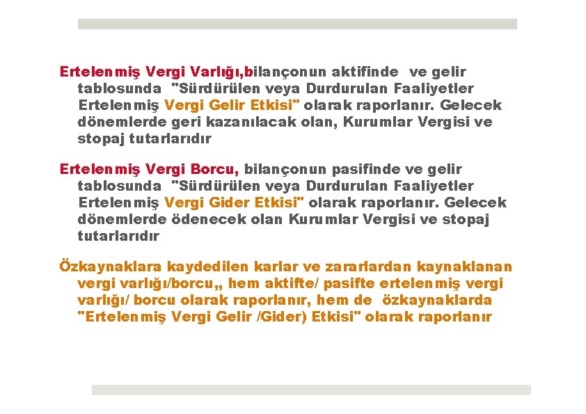 Ertelenmiş Vergi Varlığı, bilançonun aktifinde ve gelir tablosunda "Sürdürülen veya Durdurulan Faaliyetler Ertelenmiş Vergi