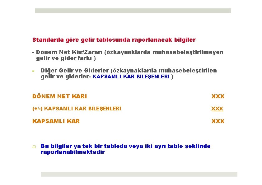 Standarda göre gelir tablosunda raporlanacak bilgiler - Dönem Net Kâr/Zararı (özkaynaklarda muhasebeleştirilmeyen gelir ve