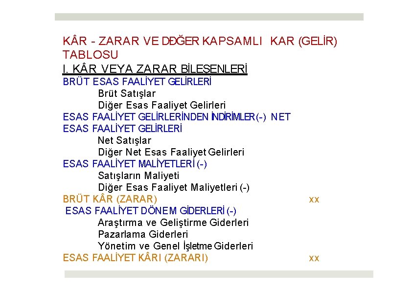 K R - ZARAR VE DĐĞER KAPSAMLI KAR (GELİR) TABLOSU I. K R VEYA