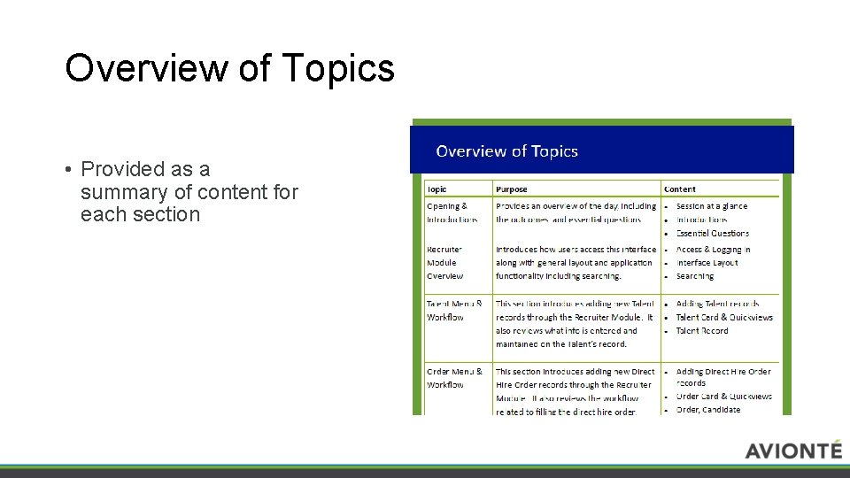 Overview of Topics • Provided as a summary of content for each section 
