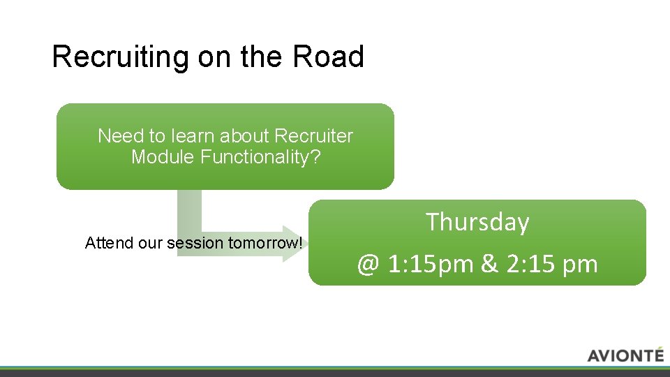 Recruiting on the Road Need to learn about Recruiter Module Functionality? Attend our session