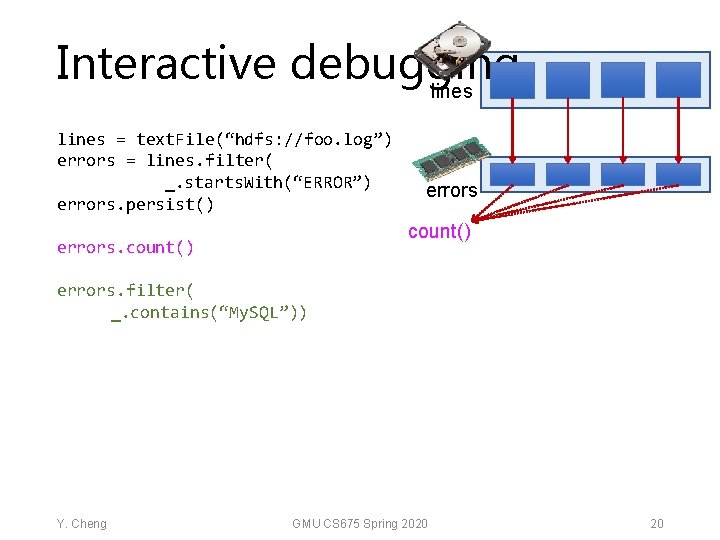 Interactive debugging lines = text. File(“hdfs: //foo. log”) errors = lines. filter( _. starts.