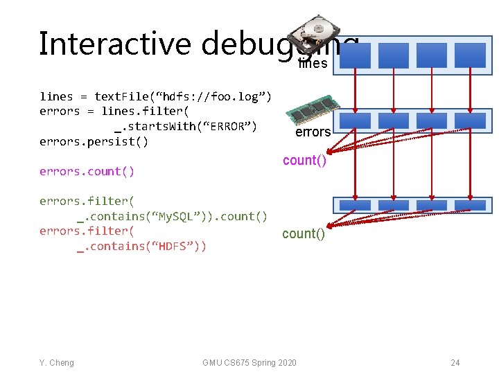 Interactive debugging lines = text. File(“hdfs: //foo. log”) errors = lines. filter( _. starts.
