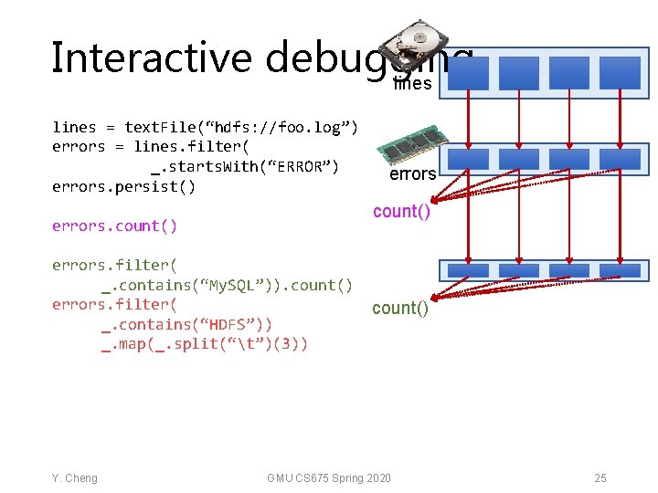 Interactive debugging lines = text. File(“hdfs: //foo. log”) errors = lines. filter( _. starts.
