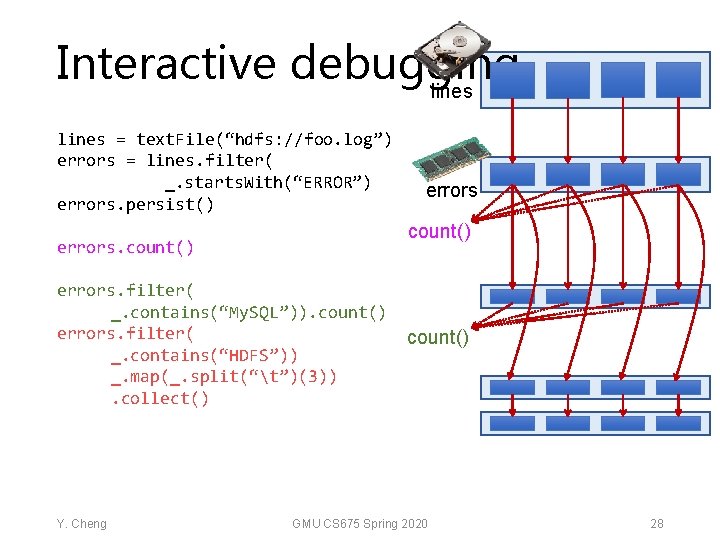 Interactive debugging lines = text. File(“hdfs: //foo. log”) errors = lines. filter( _. starts.