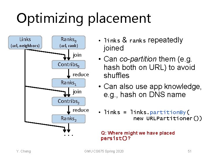 Optimizing placement Links (url, neighbors) Ranks 0 (url, rank) join Contribs 0 reduce Ranks