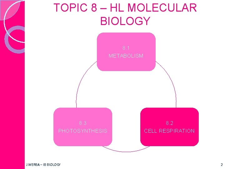 TOPIC 8 – HL MOLECULAR BIOLOGY 8. 1 METABOLISM 8. 3 PHOTOSYNTHESIS J WERBA