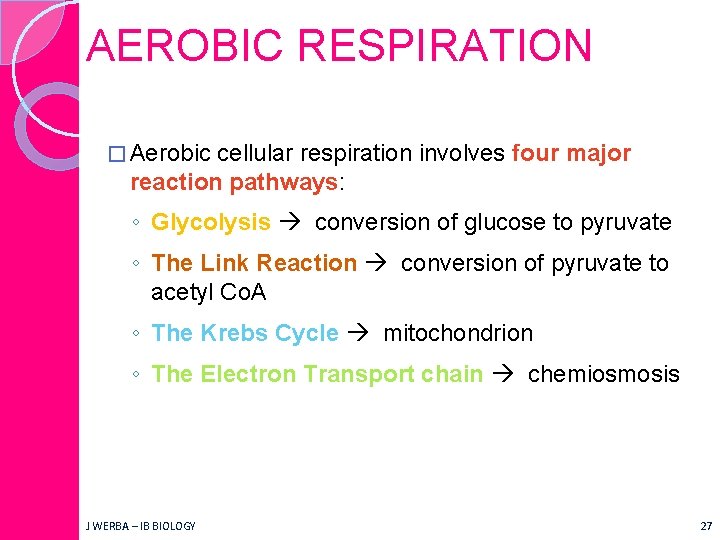 AEROBIC RESPIRATION � Aerobic cellular respiration involves four major reaction pathways: ◦ Glycolysis conversion