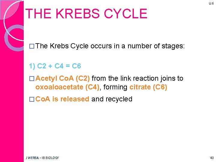 U. 6 THE KREBS CYCLE � The Krebs Cycle occurs in a number of