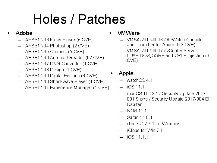 Holes / Patches • Adobe – – – – – APSB 17 -33 Flash