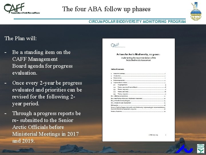 The four ABA follow up phases CIRCUMPOLAR BIODIVERSITY MONITORING PROGRAM The Plan will: -