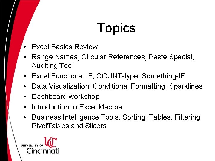Topics • Excel Basics Review • Range Names, Circular References, Paste Special, Auditing Tool Topics • Excel Basics Review • Range Names, Circular References, Paste Special, Auditing Tool