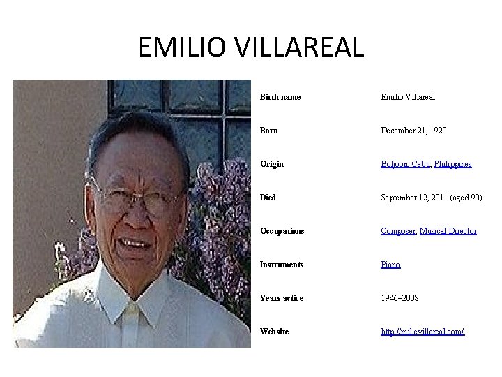 EMILIO VILLAREAL Birth name Emilio Villareal Born December 21, 1920 Origin Boljoon, Cebu, Philippines