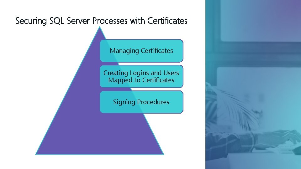 Securing SQL Server Processes with Certificates Managing Certificates Creating Logins and Users Mapped to