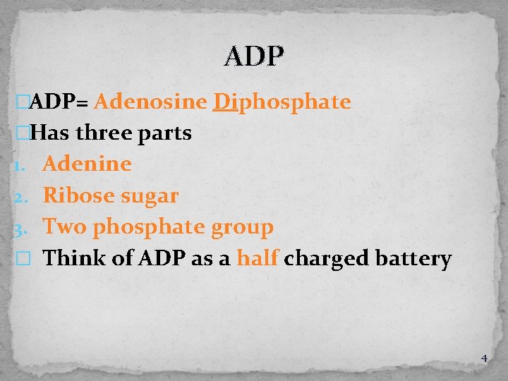 ADP �ADP= Adenosine Diphosphate �Has three parts 1. Adenine 2. Ribose sugar 3. Two