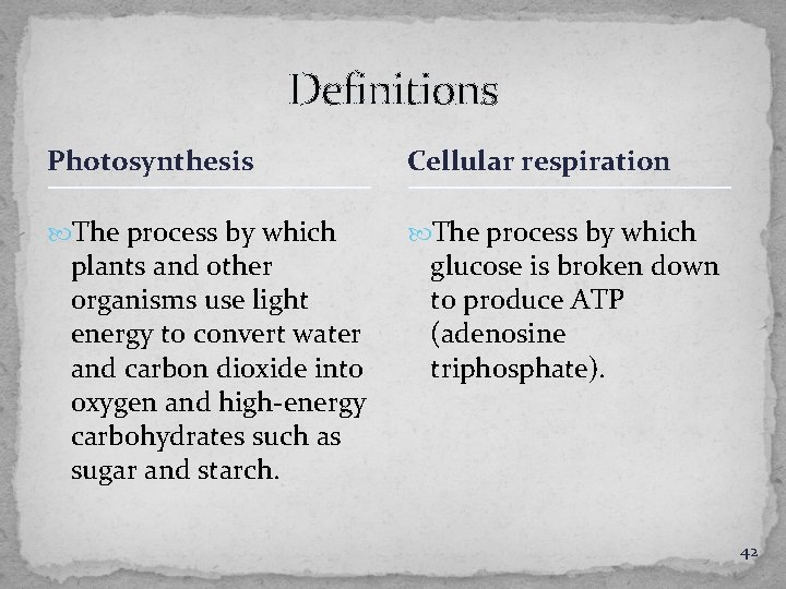 Definitions Photosynthesis Cellular respiration The process by which plants and other organisms use light