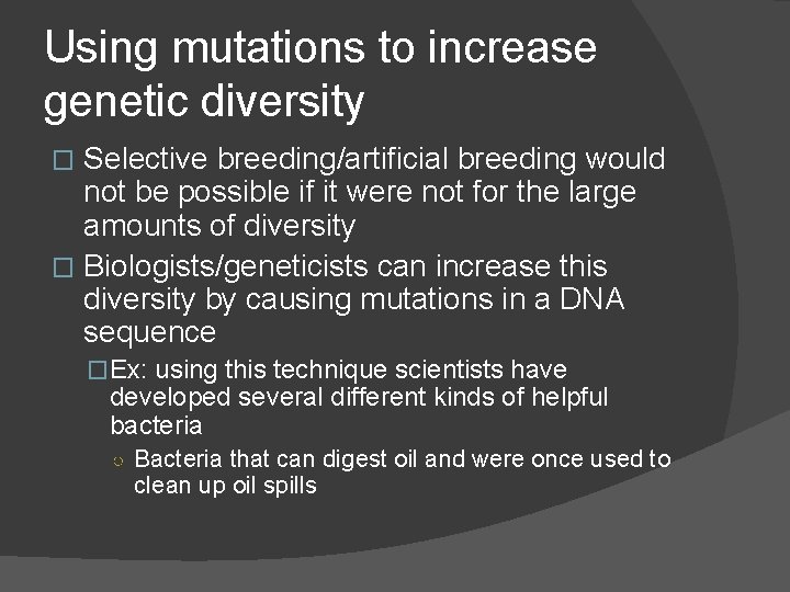 Using mutations to increase genetic diversity Selective breeding/artificial breeding would not be possible if