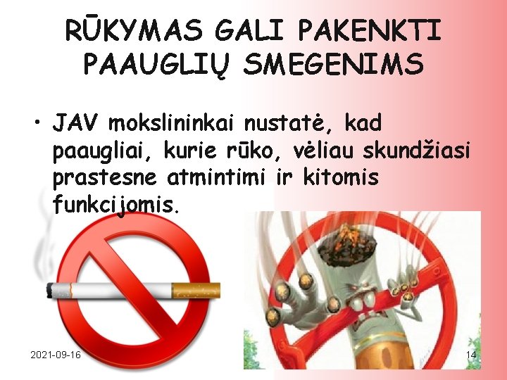 RŪKYMAS GALI PAKENKTI PAAUGLIŲ SMEGENIMS • JAV mokslininkai nustatė, kad paaugliai, kurie rūko, vėliau