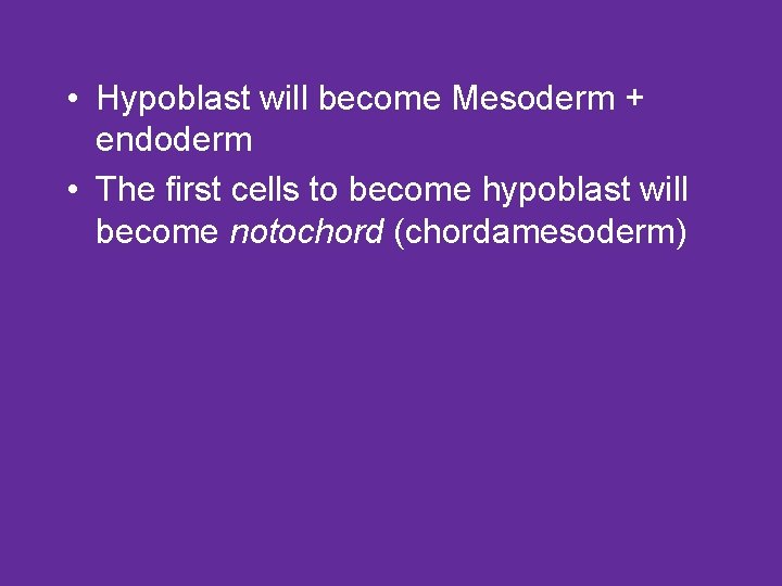  • Hypoblast will become Mesoderm + endoderm • The first cells to become