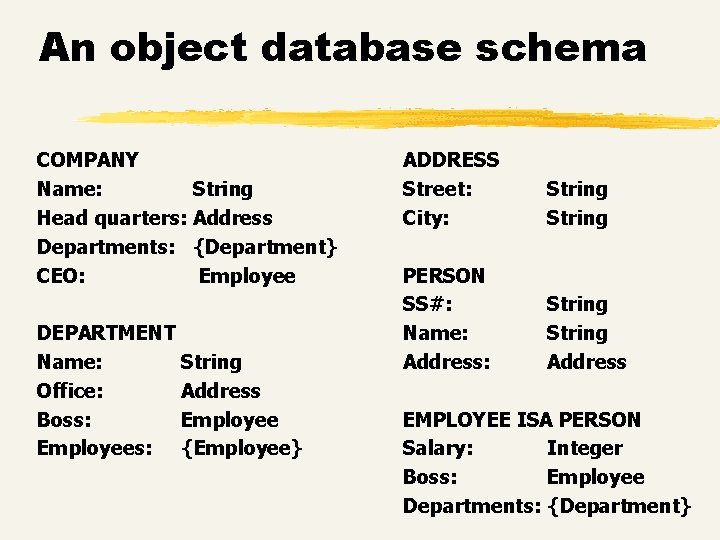 An object database schema COMPANY Name: String Head quarters: Address Departments: {Department} CEO: Employee