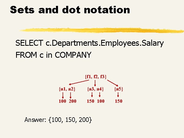 Sets and dot notation SELECT c. Departments. Employees. Salary FROM c in COMPANY {f Sets and dot notation SELECT c. Departments. Employees. Salary FROM c in COMPANY {f