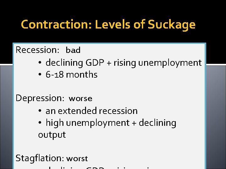 Contraction: Levels of Suckage Recession: bad • declining GDP + rising unemployment • 6